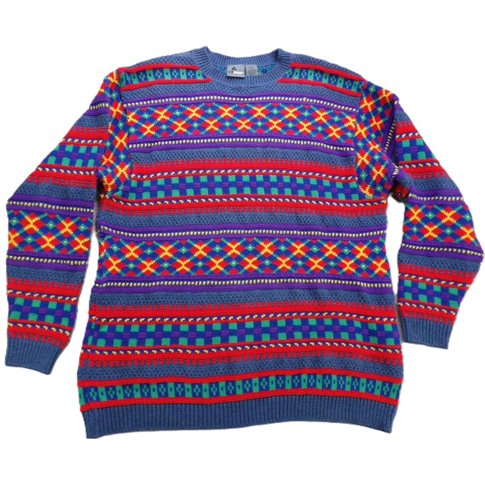 VTG Lizwear Sweater Women M Petite USA Retro Geometric Fair Isle Multicolor 90s